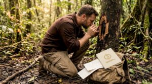 Botanist inspects oud resin in forest