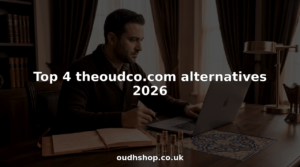 Man comparing oud perfume websites at dining table