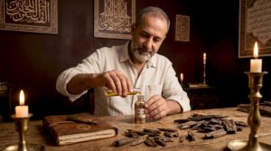 Artisan decanting oud oil in studio