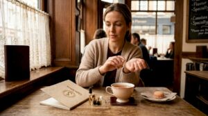 Woman sampling oud fragrance at home table