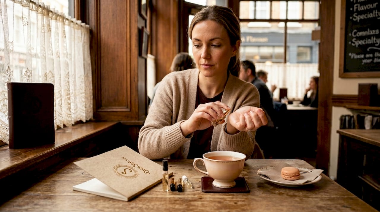 Woman sampling oud fragrance at home table
