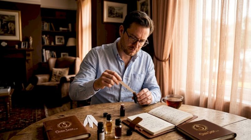 Man sampling oud at sunlit table with scent strips