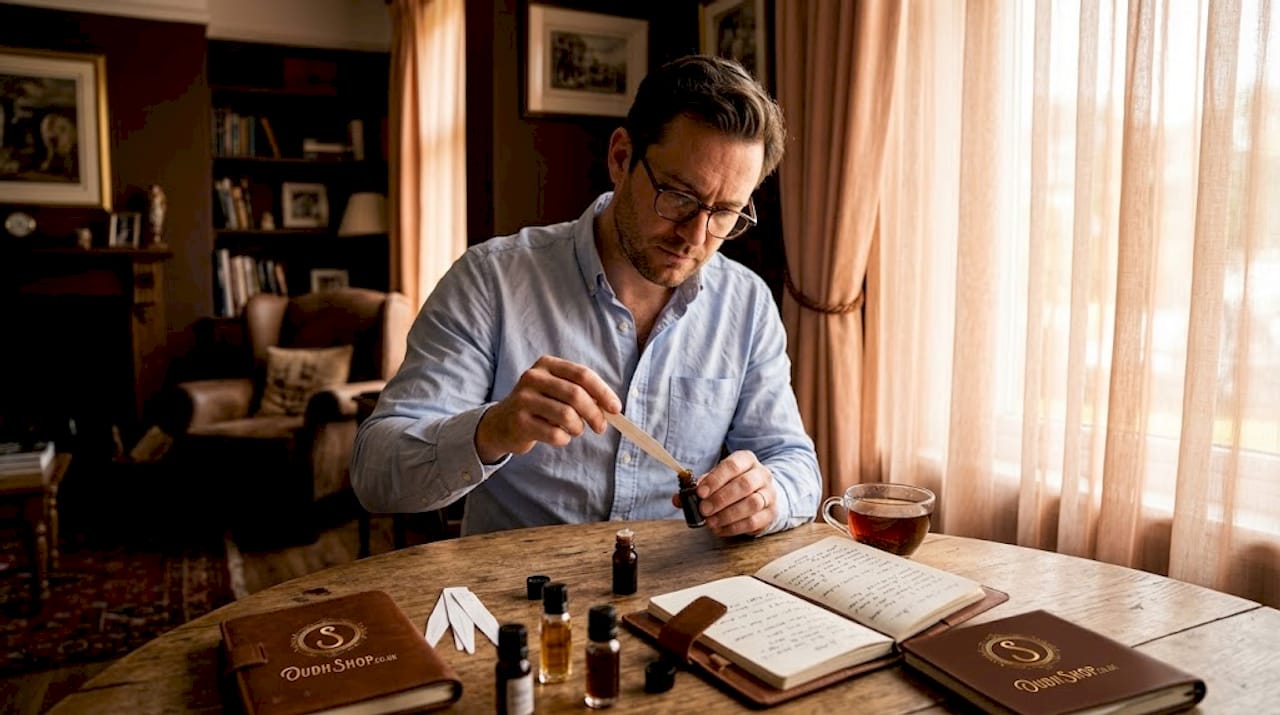 Man sampling oud at sunlit table with scent strips