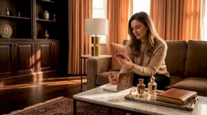 Woman testing unisex perfume in apartment