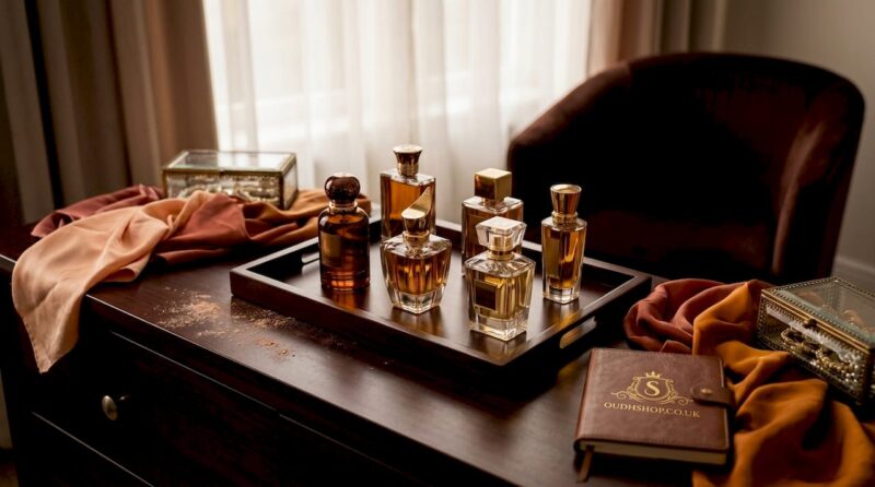 Perfume bottles on sunlit vanity with personal items