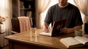 Perfume bottle on home desk in sunlight