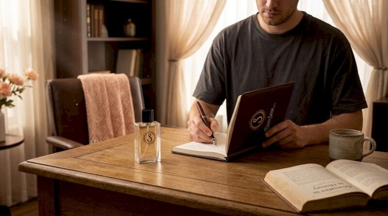 Perfume bottle on home desk in sunlight
