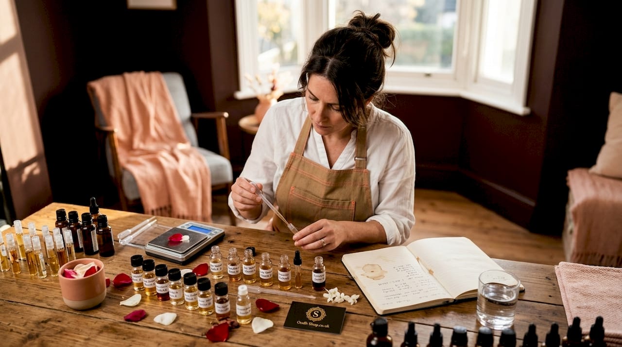 Perfumer blending floral oud fragrances at work table