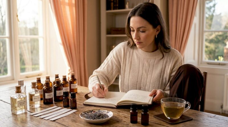 Woman comparing oud scents at home table