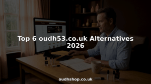 Man shopping for oud perfume online in home office