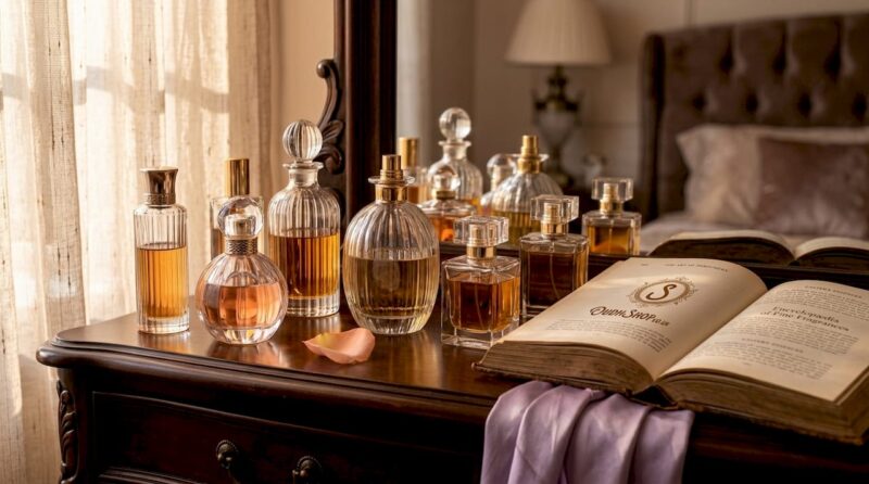 Assorted elegant perfume bottles on wooden vanity