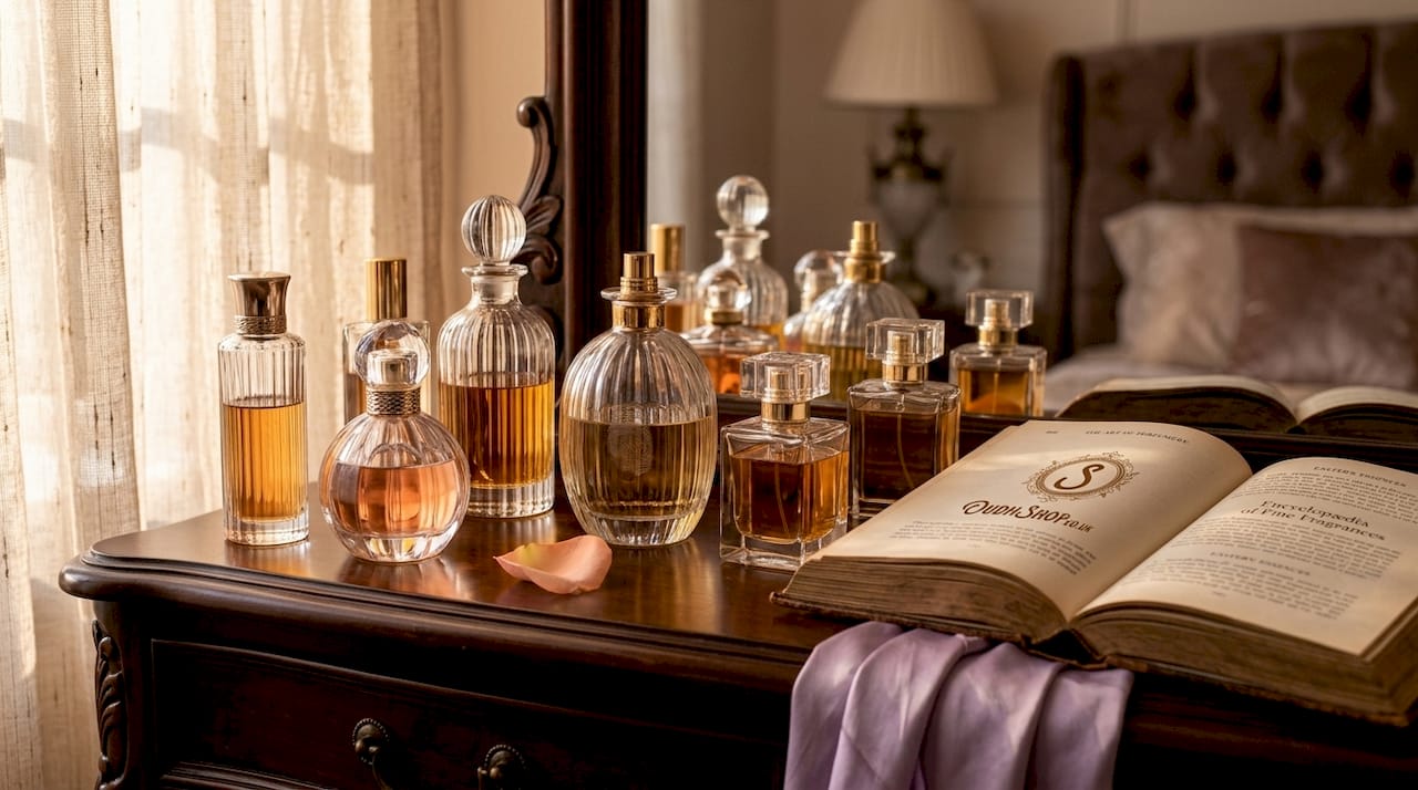 Assorted elegant perfume bottles on wooden vanity