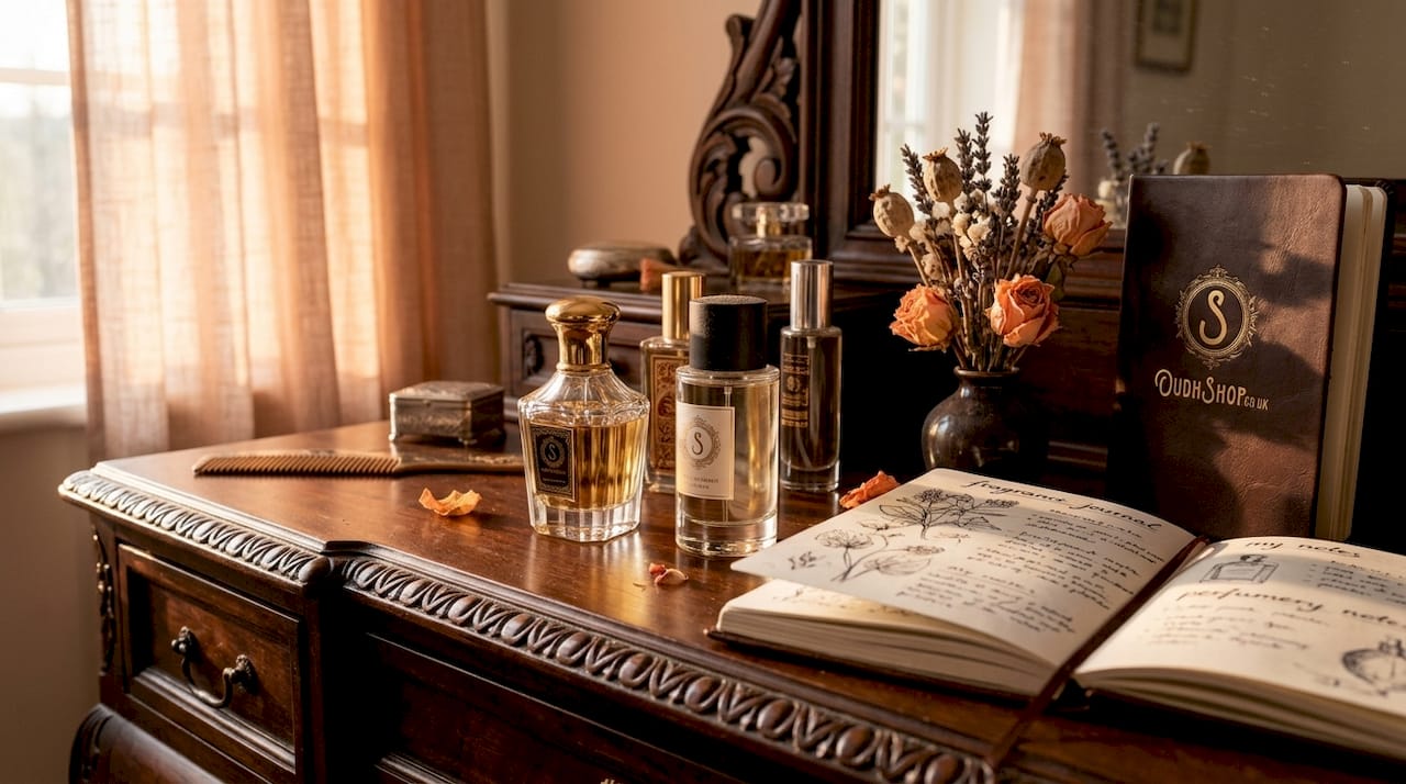 Assorted perfume bottles on wooden vanity
