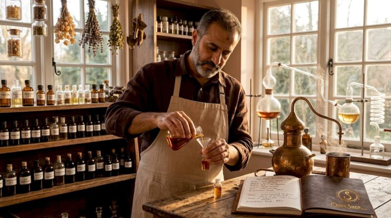Artisan crafting traditional perfume in workshop