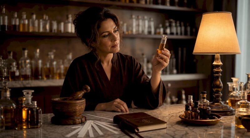 Perfumer examining perfume notes in boutique