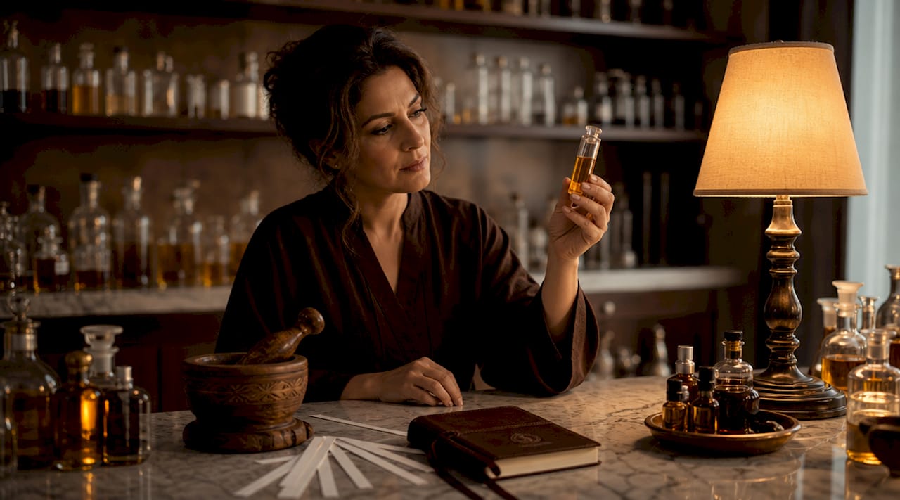 Perfumer examining perfume notes in boutique