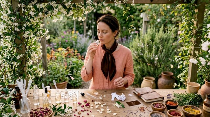 Perfumer evaluating scent vial in workshop