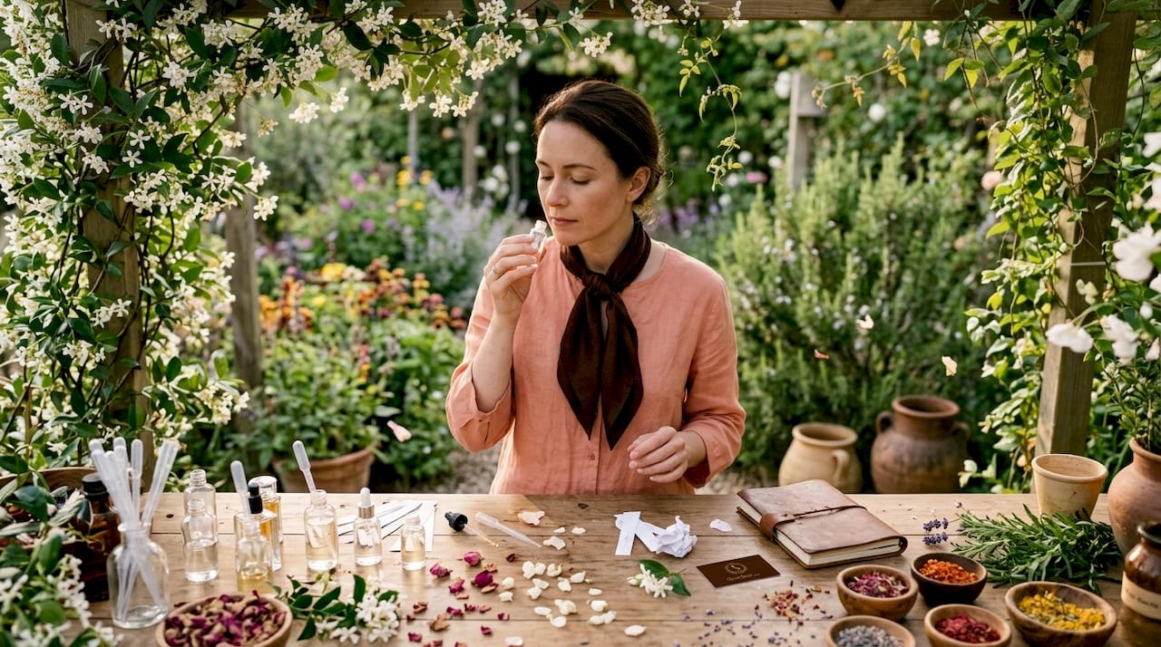 Perfumer evaluating scent vial in workshop