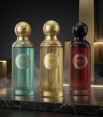 Anfar Element Edition – Long-lasting Oud perfume Collection presentated on a modern table