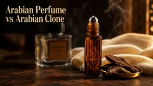 Amber attar bottle and oud chips beside a clone perfume spray, illustrating Arabian perfume vs Arabian clone