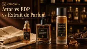 Attar, EDP and Extrait de Parfum bottles compared side by side for concentration and longevity