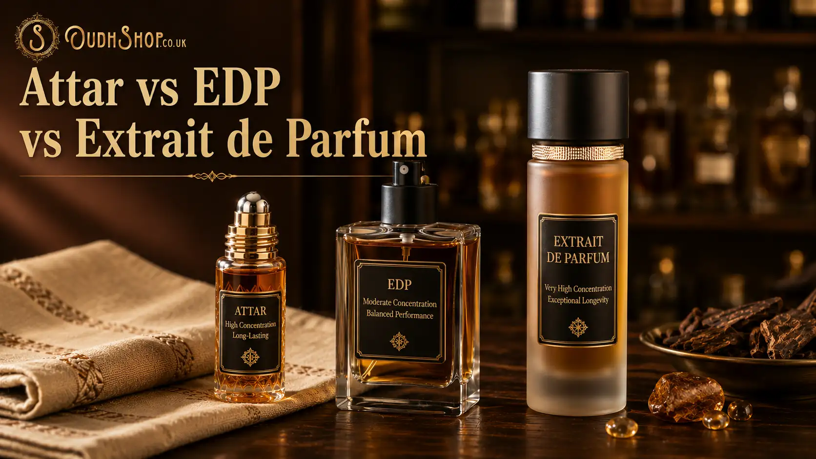 Attar, EDP and Extrait de Parfum bottles compared side by side for concentration and longevity