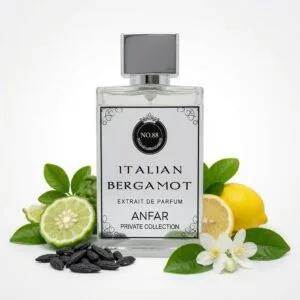 italian bergamot perfume bottle with notes elements