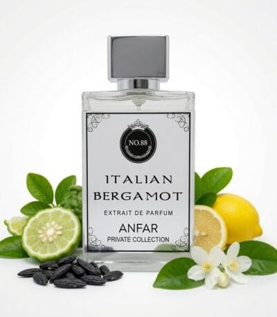 italian bergamot perfume bottle with notes elements