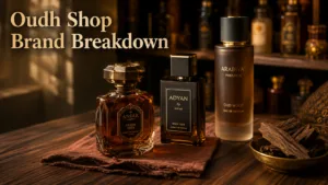 Three perfume bottles representing the Oudh Shop brand breakdown of Arabian fragrance houses.