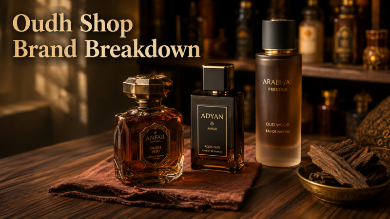 Three perfume bottles representing the Oudh Shop brand breakdown of Arabian fragrance houses.