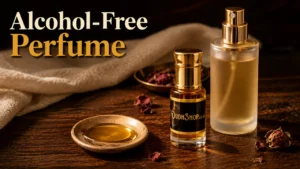 Alcohol-free attar rollerball and oil-based spray perfume with visible carrier oil on a wooden surface.