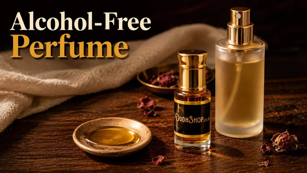 Alcohol-free attar rollerball and oil-based spray perfume with visible carrier oil on a wooden surface.