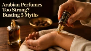Hand applying attar oil with a spray perfume blurred in the background, illustrating proper Arabian perfume dosing.