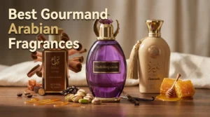 Oudh Shop gourmand perfume bottle with pistachios, coffee beans and caramel on a wooden surface.