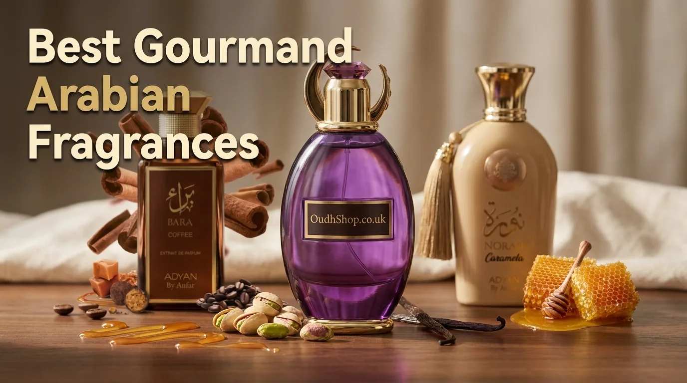 Oudh Shop gourmand perfume bottle with pistachios, coffee beans and caramel on a wooden surface.
