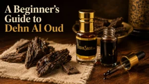 Dark viscous dehn al oud oil in a glass vial beside raw resinous agarwood chips. Filename: dehn-al-oud-beginners-guide-featured-image