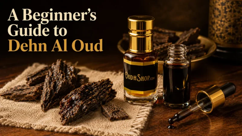Dark viscous dehn al oud oil in a glass vial beside raw resinous agarwood chips. Filename: dehn-al-oud-beginners-guide-featured-image
