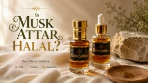 Musk attar and oud attar oil bottles side by side, alcohol-free perfume oil