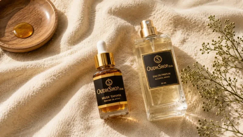 Oil-based attar dropper bottle beside a spray perfume bottle comparison