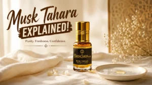 Musk Tahara alcohol-free perfume oil dropper bottle on linen with soft natural light
