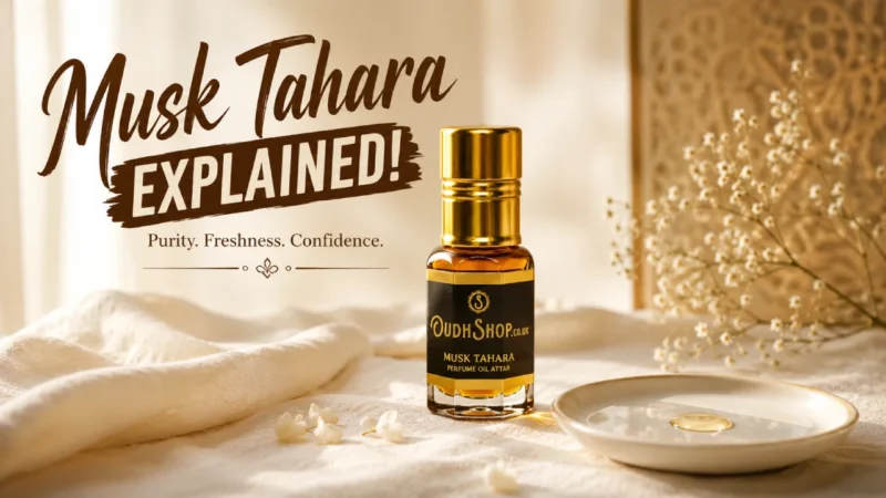 Musk Tahara alcohol-free perfume oil dropper bottle on linen with soft natural light