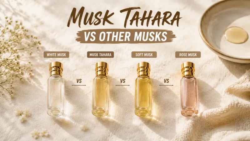 Four glass vials of musk attar oil compared side by side on linen