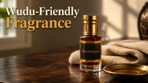 Oudh Shop wudu-friendly attar bottle with brass rollerball cap on a wooden dressing table