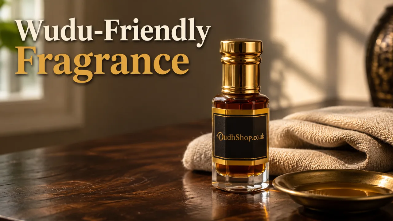 Oudh Shop wudu-friendly attar bottle with brass rollerball cap on a wooden dressing table