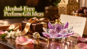 Alcohol-free perfume gift ideas: a crystal perfume oil bottle with a dab stick beside a handwritten gift card