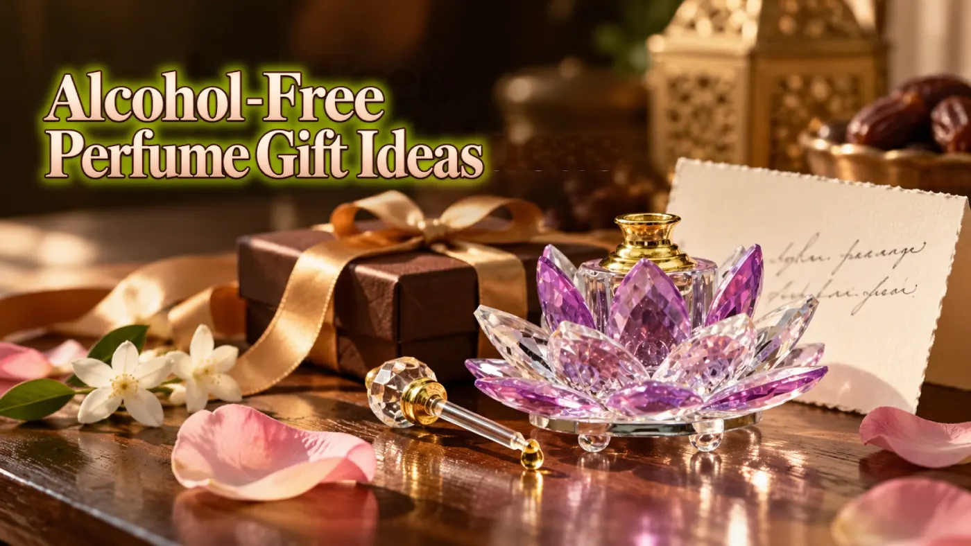Alcohol-free perfume gift ideas: a crystal perfume oil bottle with a dab stick beside a handwritten gift card