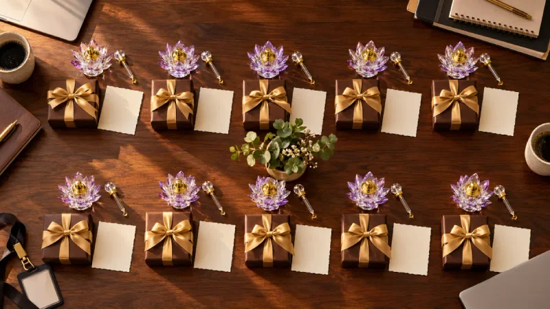 Identical alcohol-free perfume oil gifts set out at every place on an office table for a mixed team