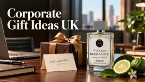 Italian Bergamot Extrait de Parfum on a desk beside a wrapped gift and thank-you card