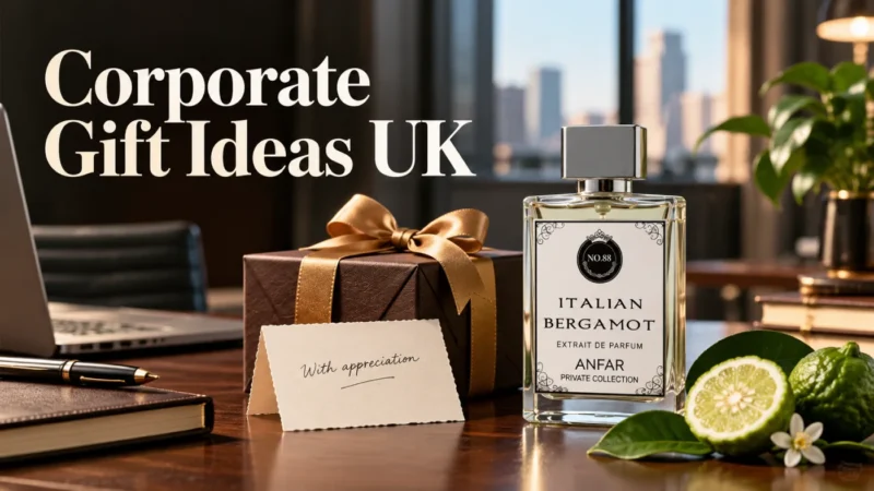 Italian Bergamot Extrait de Parfum on a desk beside a wrapped gift and thank-you card