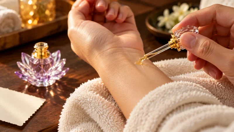 Applying attar perfume oil to the inner wrist with a glass dab stick, showing how to wear an attar